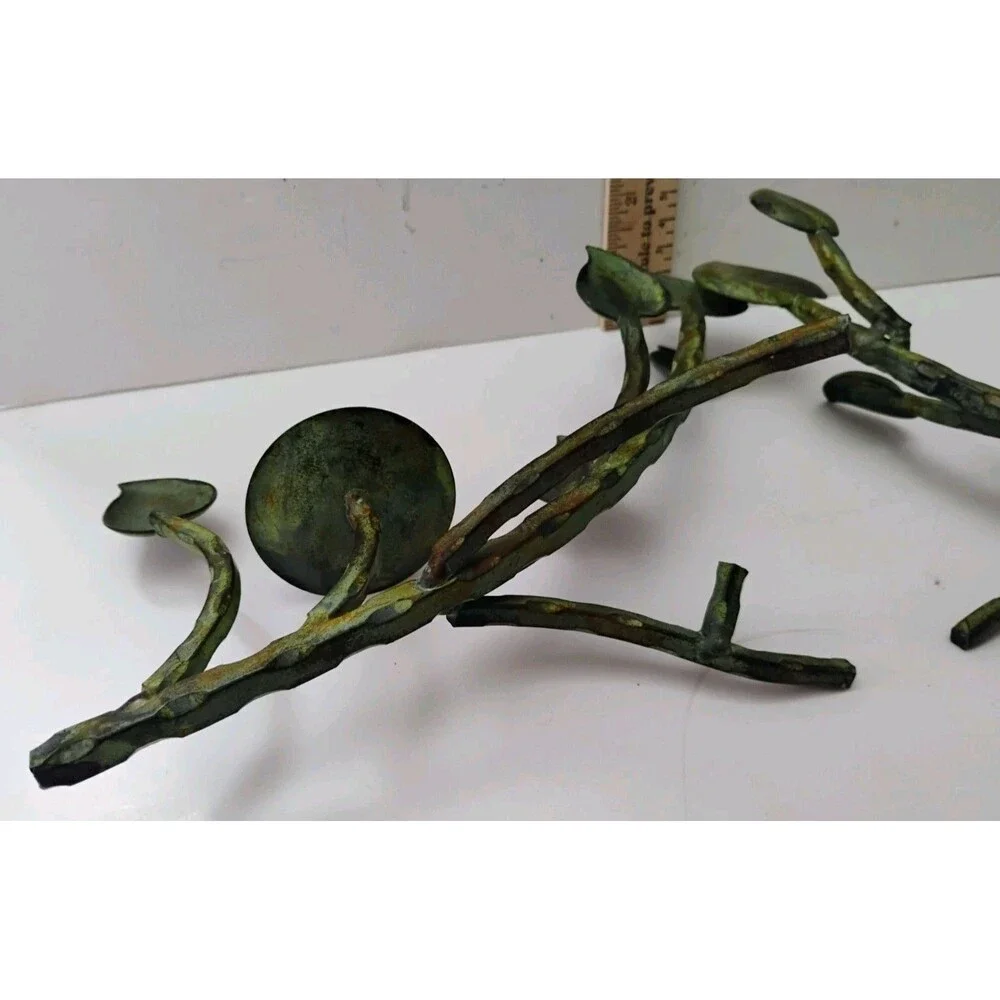 Vintage Metal Branch Candle Holders Pair Leaf Vine Verdigris Green Taper 2pc
